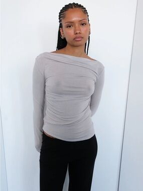 Asymmetric Boatneck Long Sleeve Top in Light Gray DREW TOP